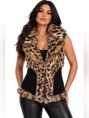 GUESS Y2K Leopard Genuine Rabbit Fur Leopard Print Wool Zip Vest Large